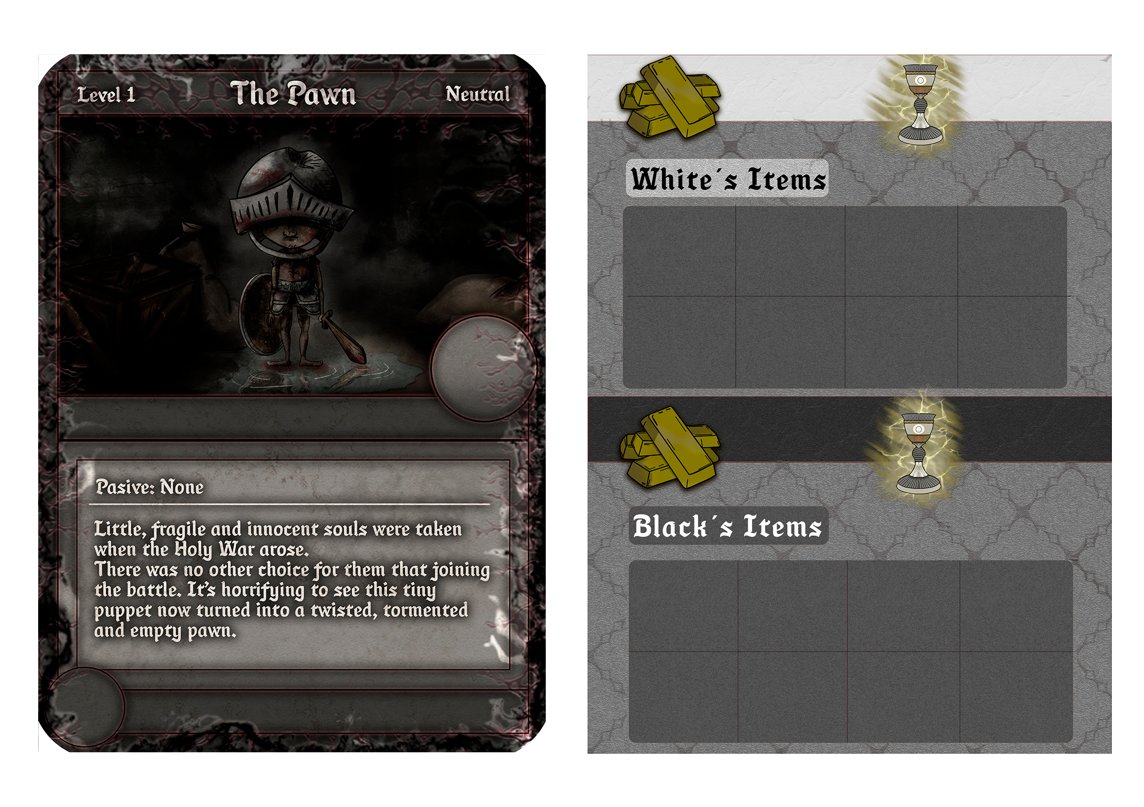 Illustration of the prototype of a piece card and another of the interface art located on the right side of the screen showing the information and economy of the two players 