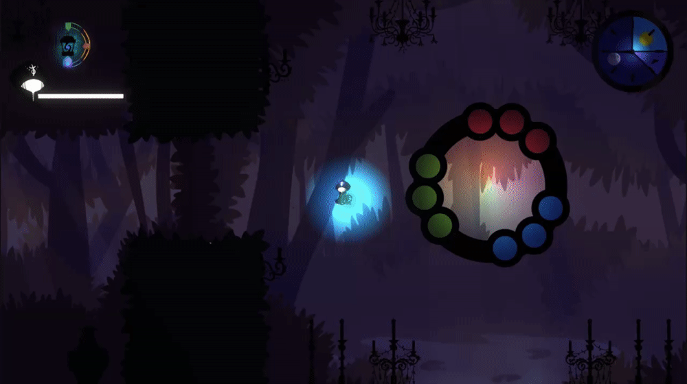 Gif that shows haracter movement, change of color of lights and appearance of enemies